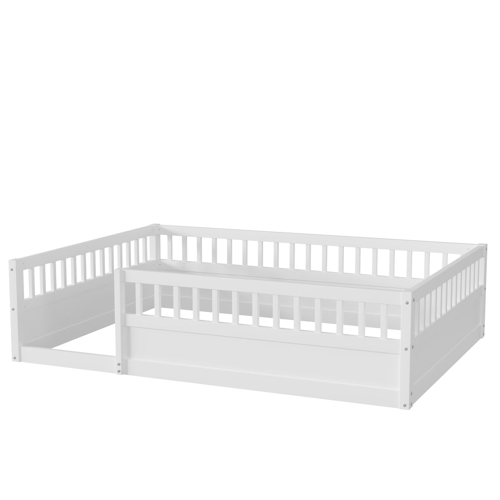 Leoglint Full Floor Bed Frame with Fence, Wood Kids Floor Beds Frame for Bedroom Playroom,White(Expect arrive date Jul. 10th)