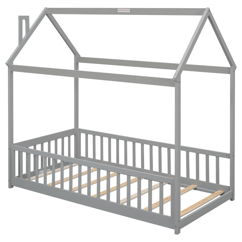 Twin House Bed Frame with Guardrails, Slats ,Grey