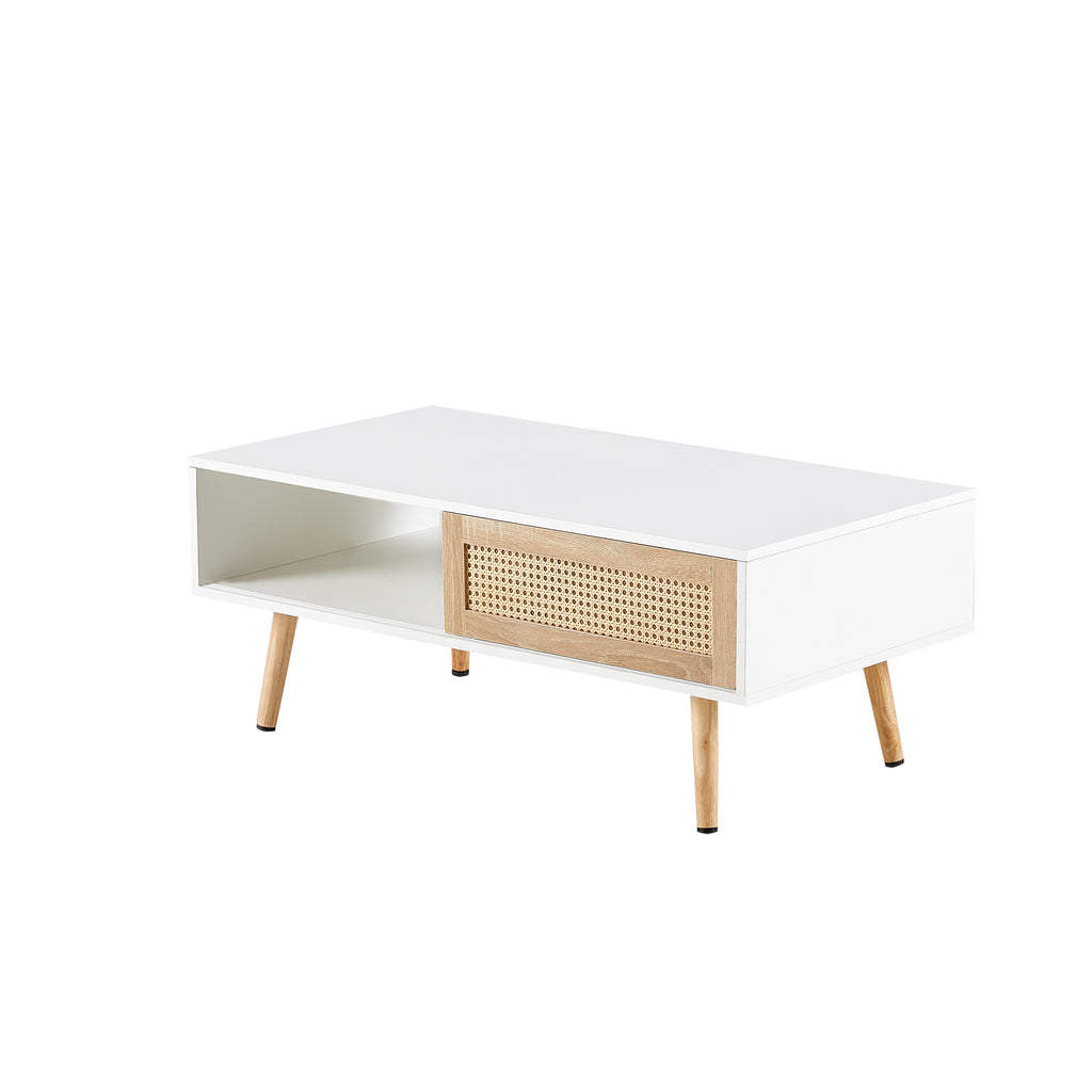 Leoglint 41.34" Rattan Coffee table, sliding door for storage, solid wood legs, Modern table  for living room ,White