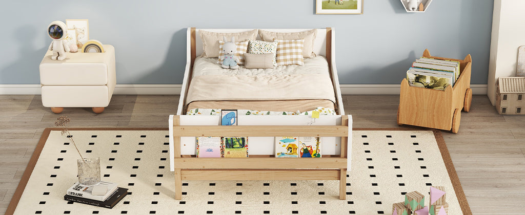 Twin Bed Frame with Headboard, Footboard, Safeguards,  Built-in Bed-end Book Storage Rack ,White