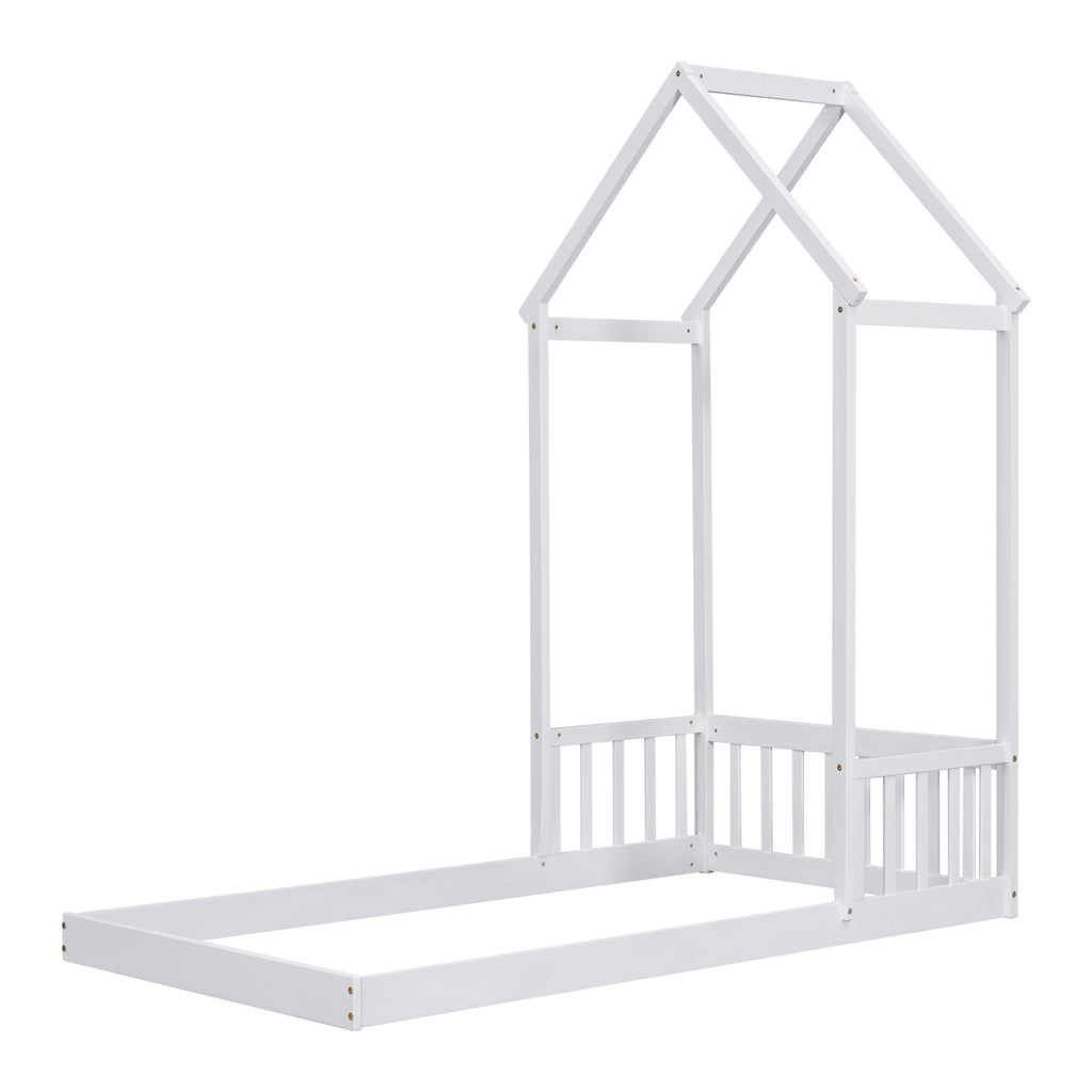 Twin House-shaped Roof Headboard Floor Bed Frame,,(without slats),White