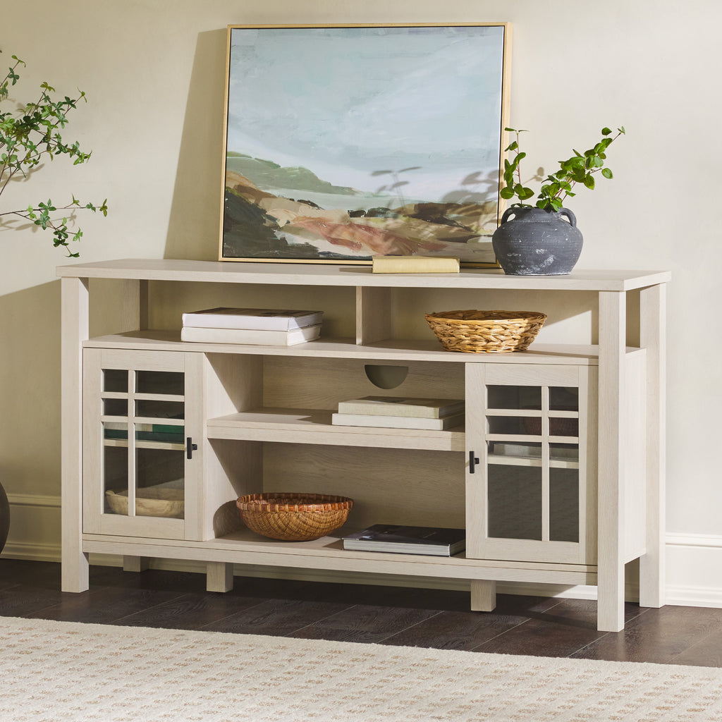 Leoglint Transitional 58" 2-Door Sideboard with Windowpane Design, Ivory Oak