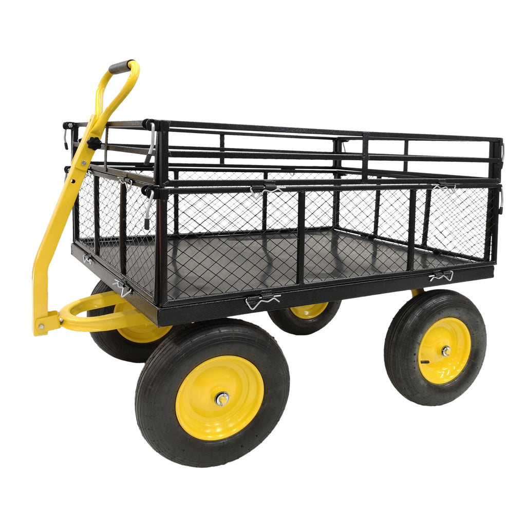 Leoglint Steel Garden Cart, Heavy Duty 1400 lbs Capacity, with Removable Mesh Sides to Convert into Flatbed, Utility Metal Wagon with 2-in-1 Handle and 16 in Tires, Perfect for Garden, Farm, Yard