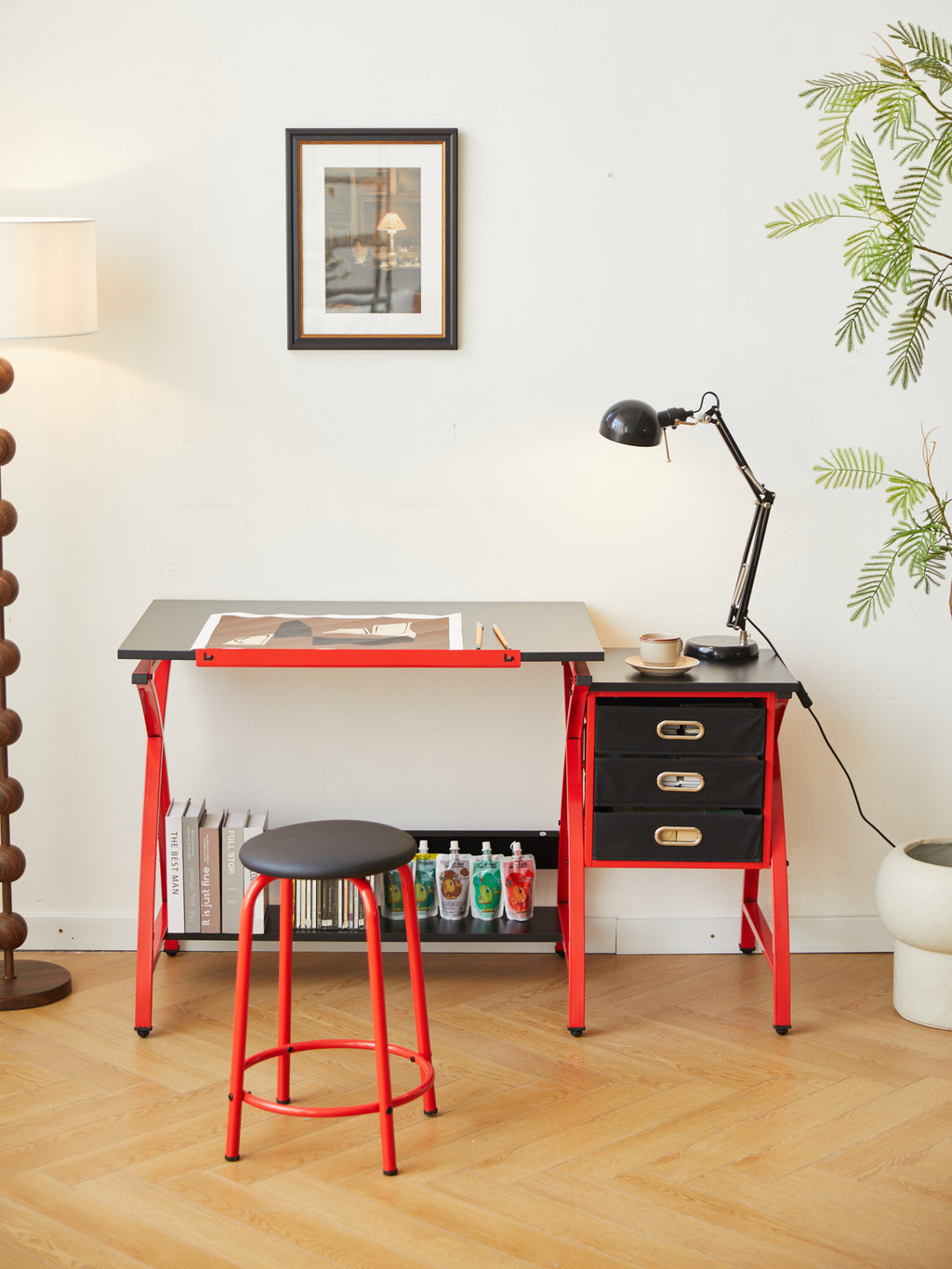 Leoglint Office desk drafting table red with stool