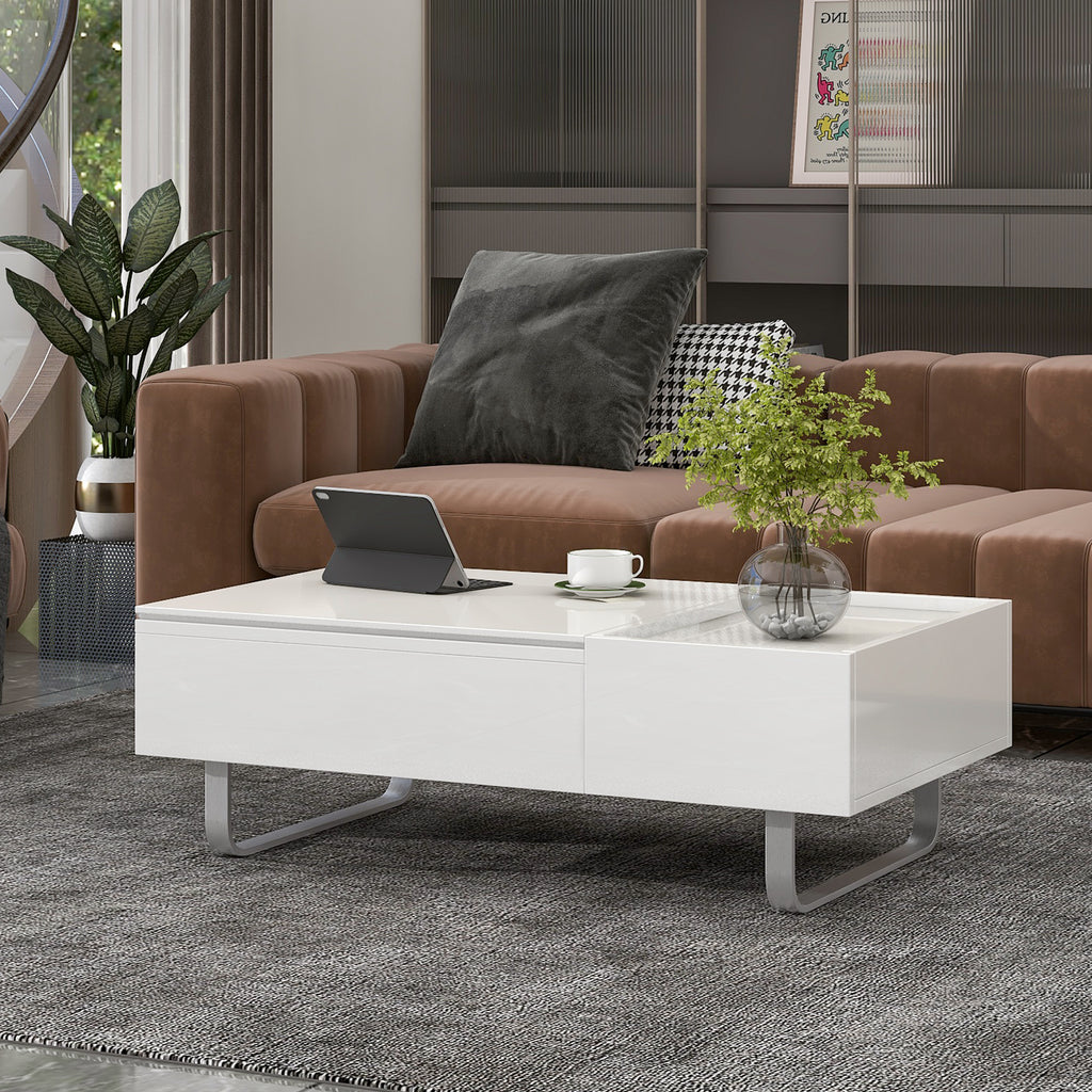 Leoglint [VIDEO provided] ON-TREND Multi-functional Coffee Table with Lifted Tabletop, Contemporary Cocktail Table with Metal Frame Legs, High-gloss Surface Dining Table for Living Room, White