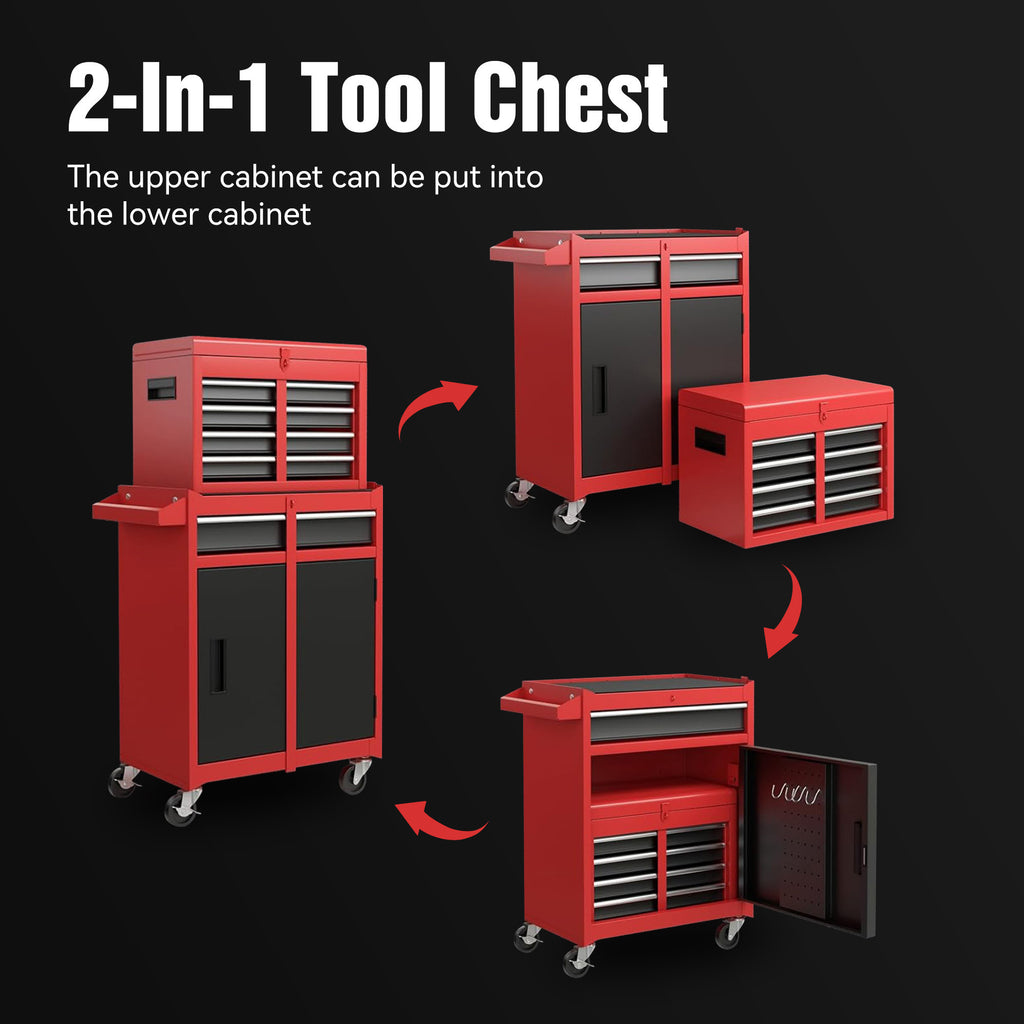 Leoglint Tool Chest, 5-Drawer Rolling Tool Storage Cabinet with Detachable Top Tool Box, Liner, Universal Lockable Wheels, Adjustable Shelf, Locking Mechanism, Metal Tool Cart for Garage Workshop