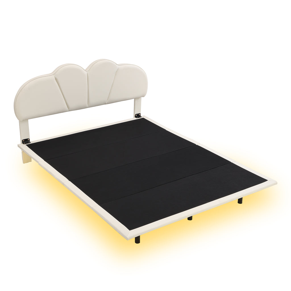 Queen Size Upholstery LED Floating Bed Frame with PU Leather Headboard and Support Legs,Beige