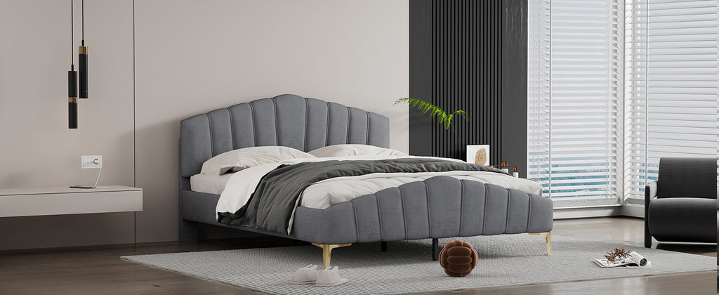 Queen Size Velvet Platform Bed Frame with Thick Fabric, Stylish Stripe Decorated Bedboard and Elegant Metal Bed Leg, Gray