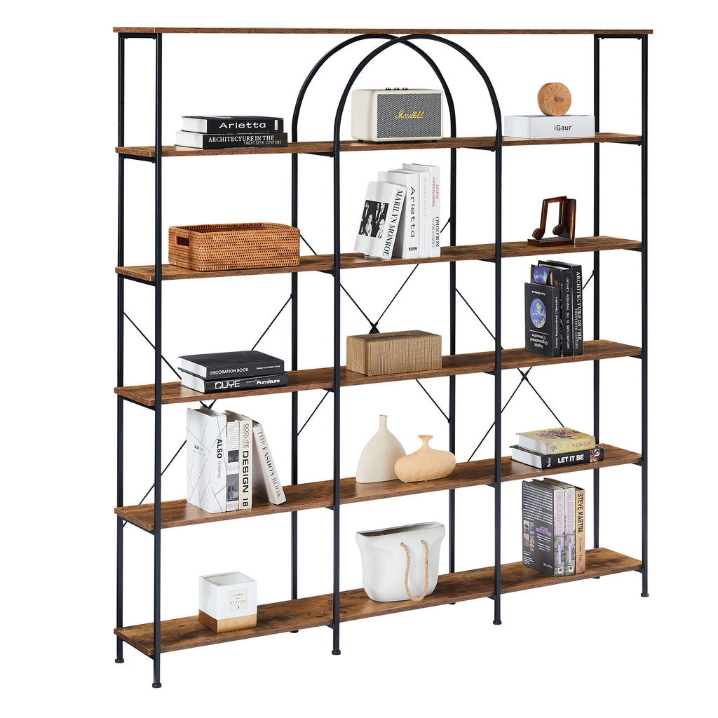 Leoglint 6 Tier Bookcase Home Office Open Bookshelf, Vintage Industrial Style Shelf with Metal Frame, MDF Board, Brown