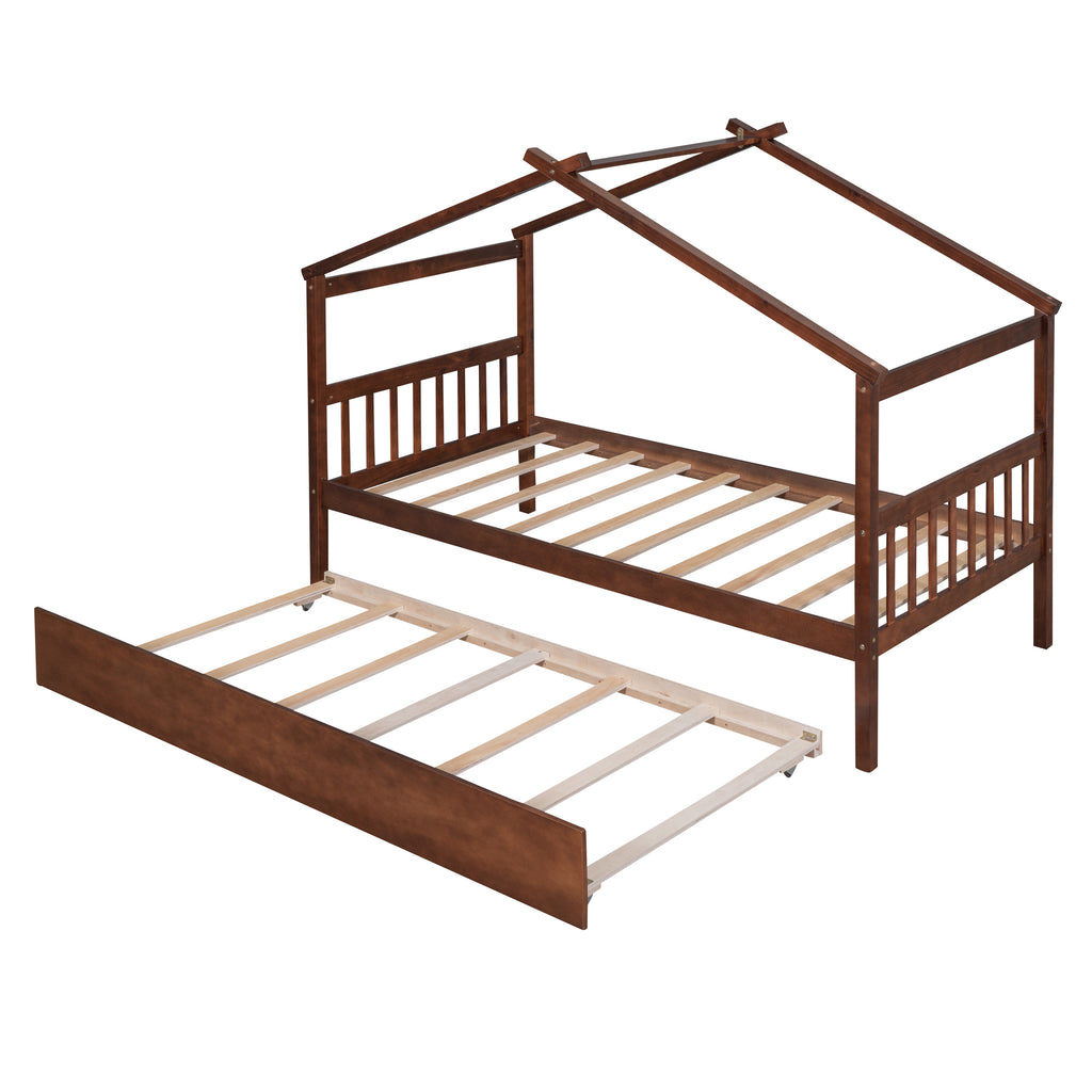 Leoglint Twin Size Wooden House Bed Frame with Twin Size Trundle, Walnut