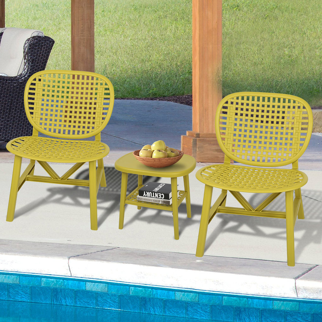 Leoglint 3 Pieces Hollow Design Patio Table Outdoor Chair Set All Weather Conversation Bistro Set Outdoor Coffee Table with Open Shelf and Lounge Chairs with Widened Seat for Balcony Garden Yard Yellow