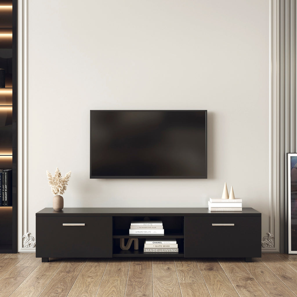 Leoglint Black TV Stand for 70 Inch TV, Media Console Entertainment Center Television Table, 2 Storage Cabinet with Open Shelves for Living Room Bedroom