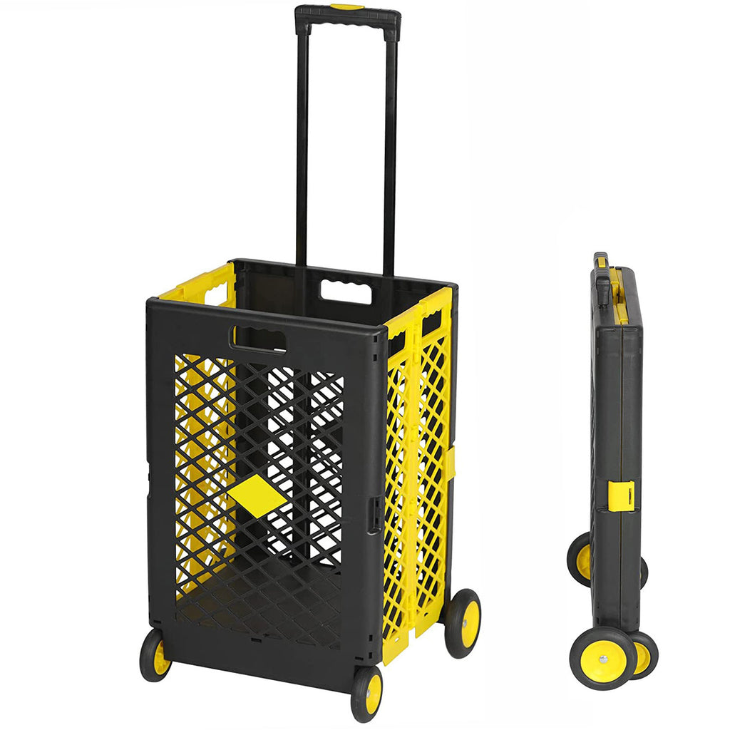 Leoglint 55L Foldable Rolling Garden Cart with Wheels, Portable Updated Utility Tools Rolling Crate w/ Telescopic Handle, Yellow