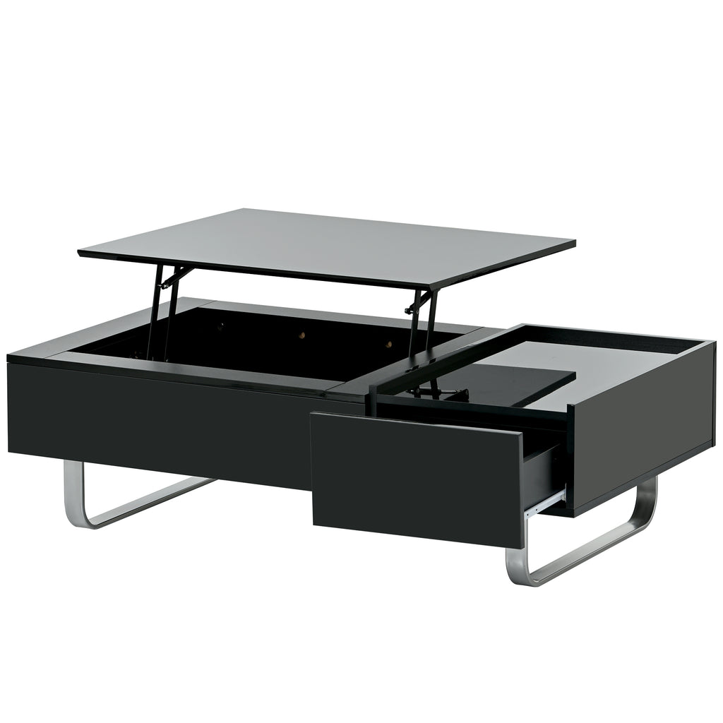 Leoglint [VIDEO provided] ON-TREND Multi-functional Coffee Table with Lifted Tabletop, Contemporary Cocktail Table with Metal Frame Legs, High-gloss Surface Dining Table for Living Room, Black