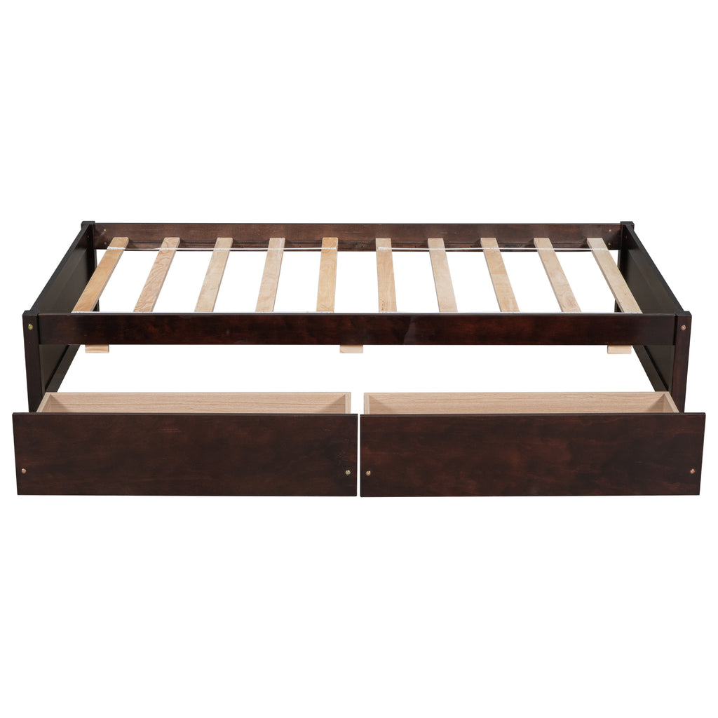 Twin Bed Frame with 2 Drawers, Solid Wood, No Box Spring Needed ,Espresso(Old SKU:W50441670)