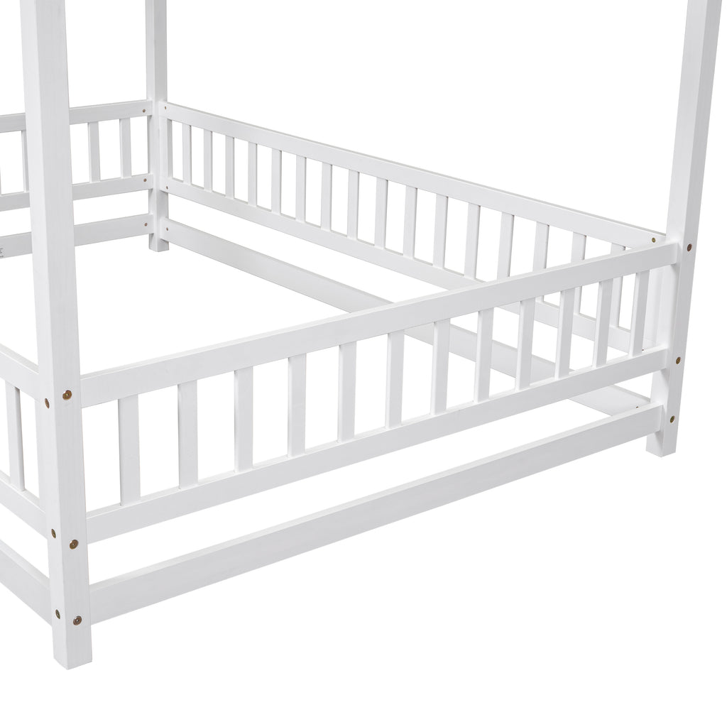 Leoglint Bed Frame Full Size Floor Wooden Bed with House Roof Frame, Fence Guardrails ,White