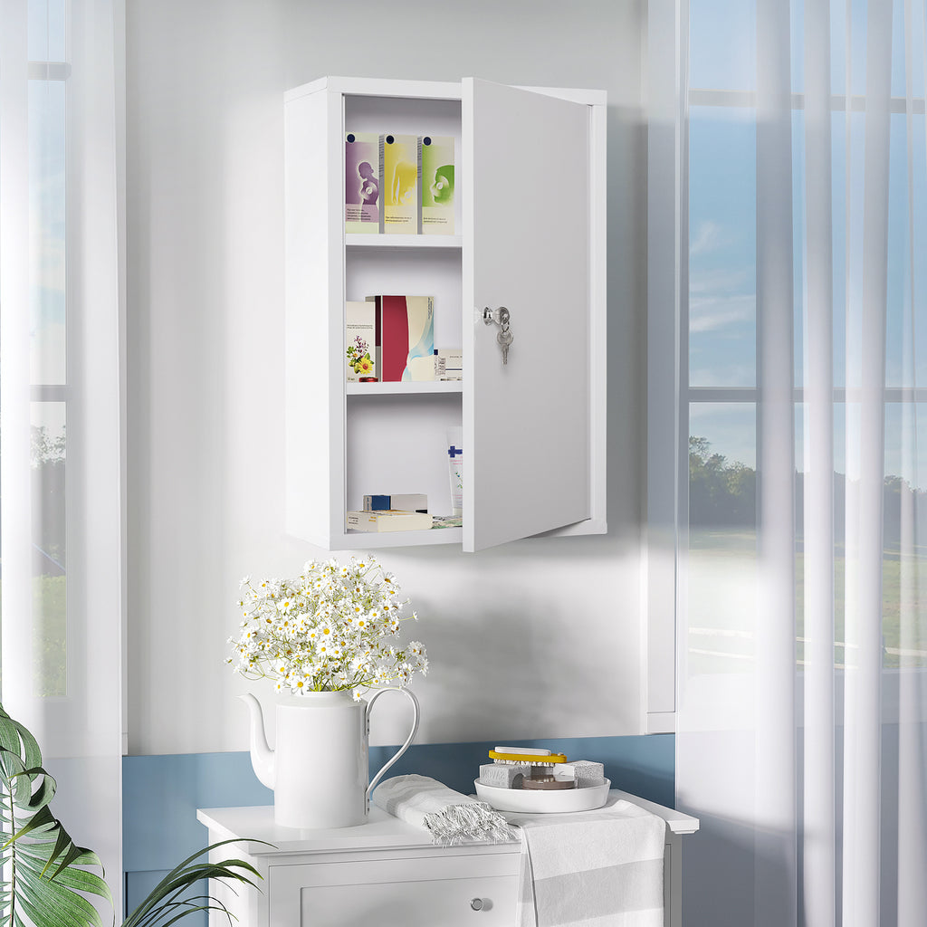 Leoglint kleankin Steel Wall Mount Medicine Cabinet 3 Tier Emergency Box for Bathroom Kitchen, Lockable with 2 Keys, White