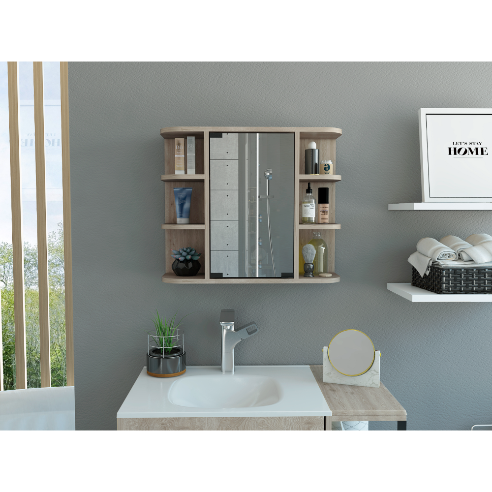 Leoglint Mirrored 19H" Medicine Cabinet, Six External Shelves, Three Interior Shelves, Light Gray