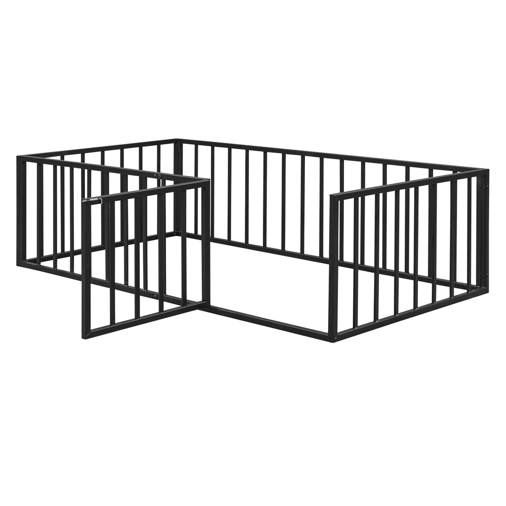 Leoglint Twin Size Metal Floor Bed Frame with Fence and Door, Black