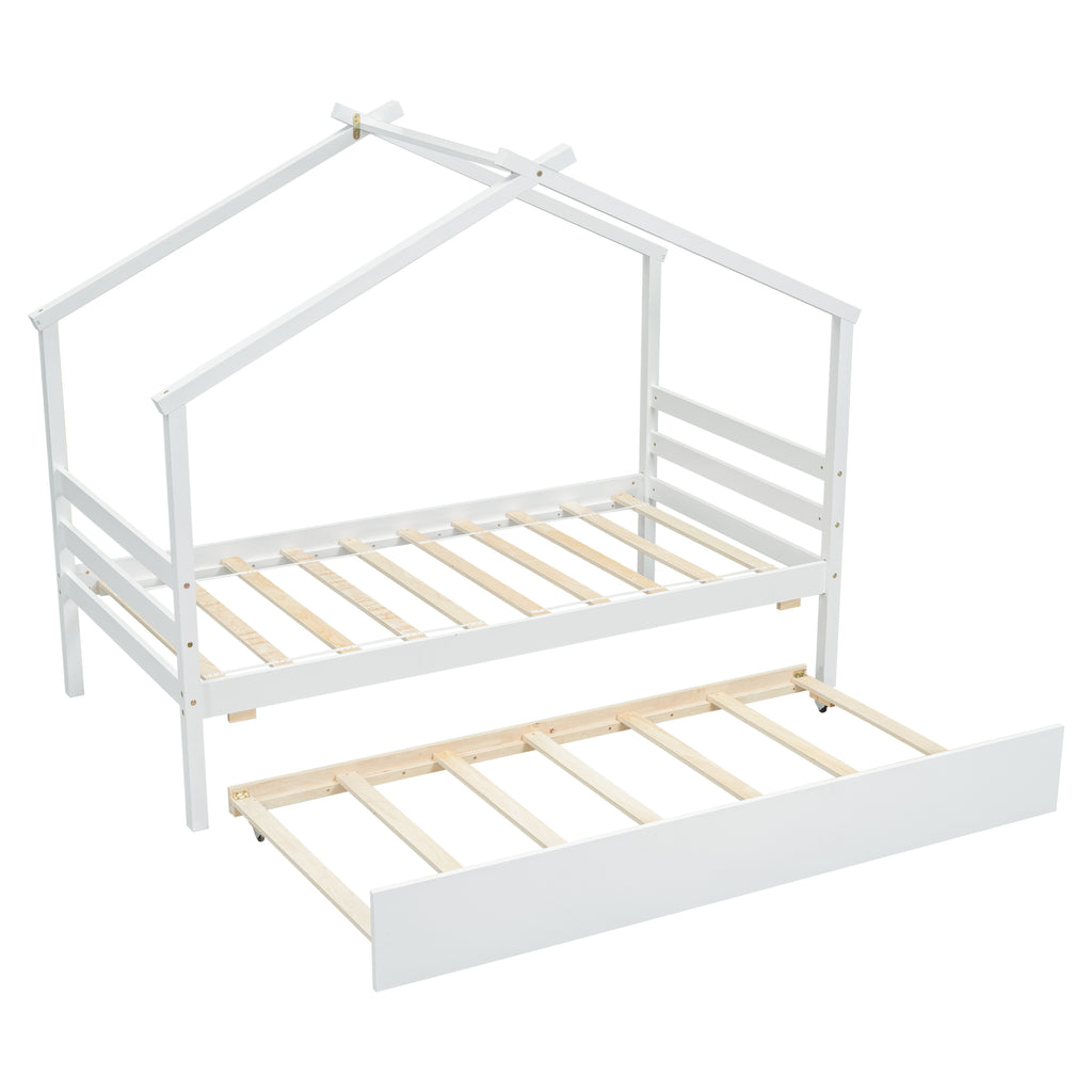 Leoglint Twin Size  House-shaped Bed Frame with Trundle,White