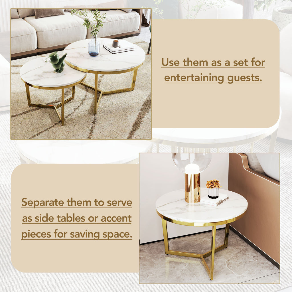 Leoglint Modern Round Nesting Coffee Table Set 2-Piece White & Marbling Top Gold Base