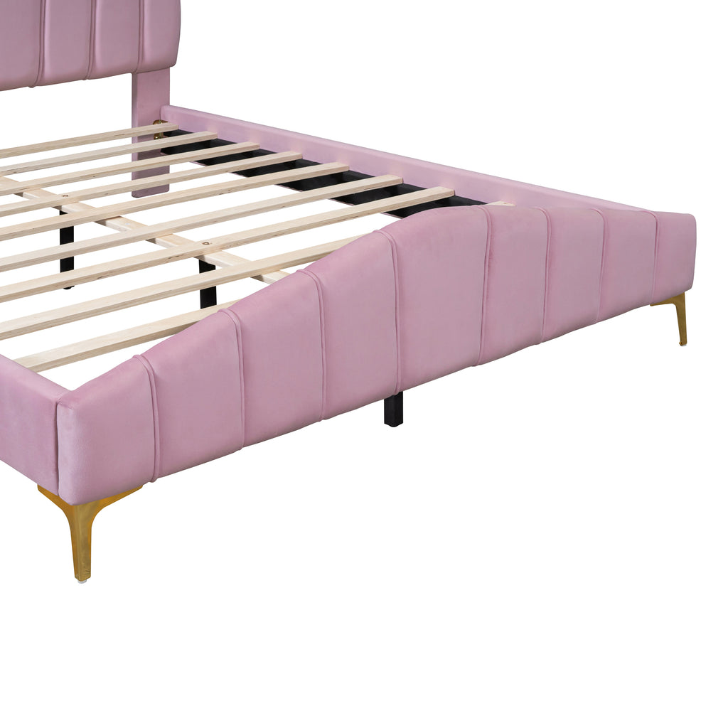 Queen Size Velvet Platform Bed Frame with Thick Fabric, Stylish Stripe Decorated Bedboard and Elegant Metal Bed Leg, Pink