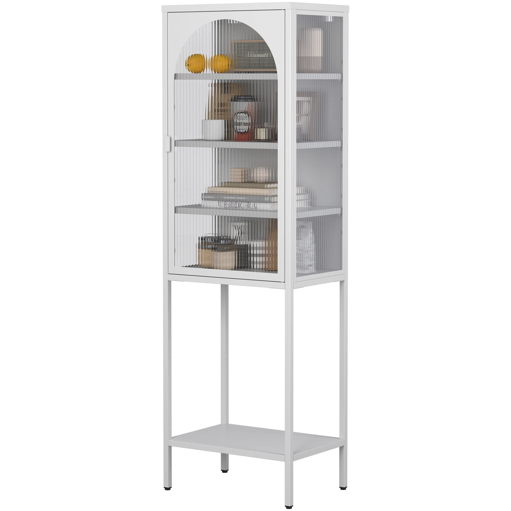 Leoglint Metal Glass Door Display Storage Cabinet - 5-Tier Cube Bookshelf Storage Cabinet with 3 Adjustable Shelves For kitchen, dining room, living room, bathroom, home office,White