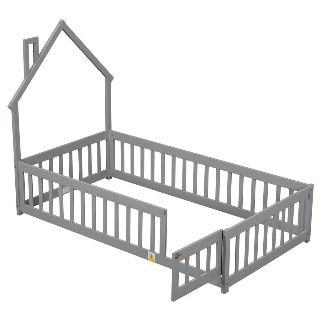 Twin House-Shaped Headboard Floor Bed Frame with Fence,Grey