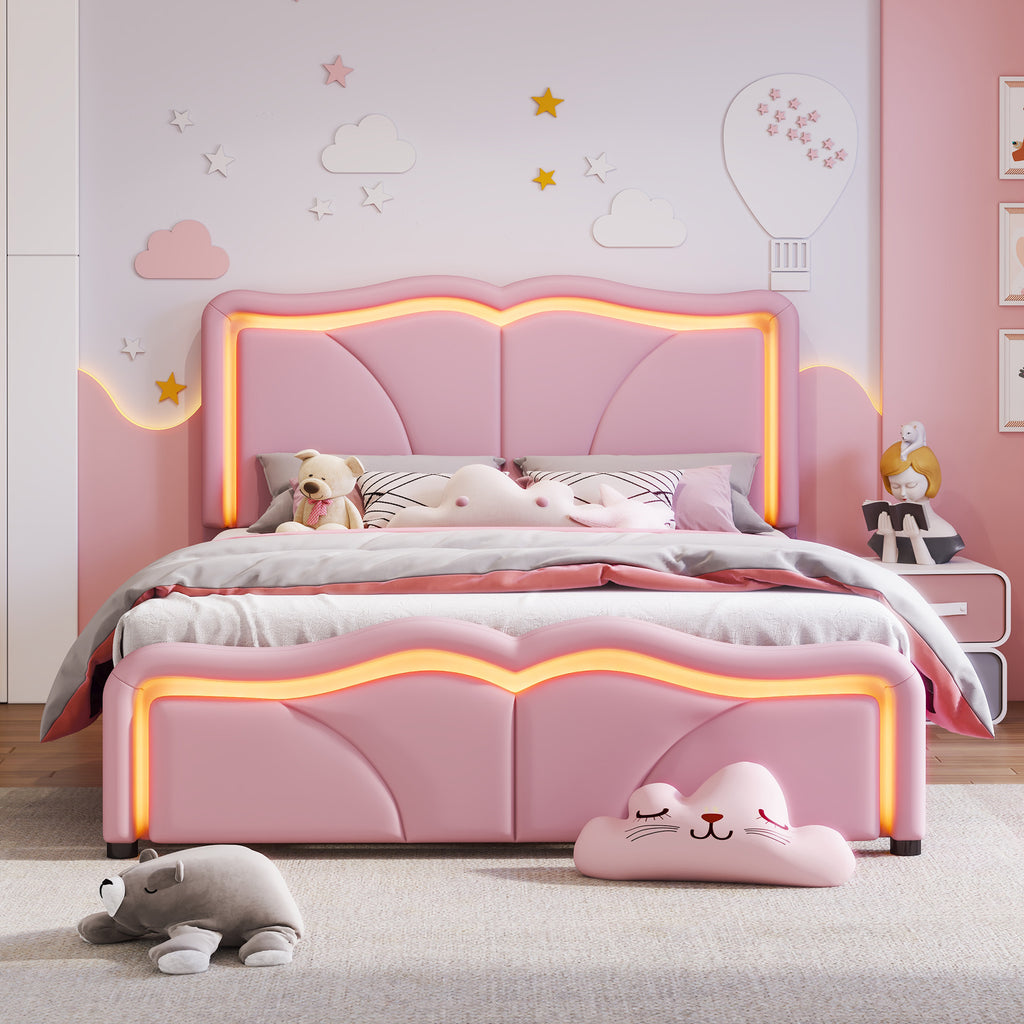 Leoglint Full Size Upholstered Platform Bed Frame with Curve Shaped and Height-adjustbale Headboard,LED Light Strips,Pink