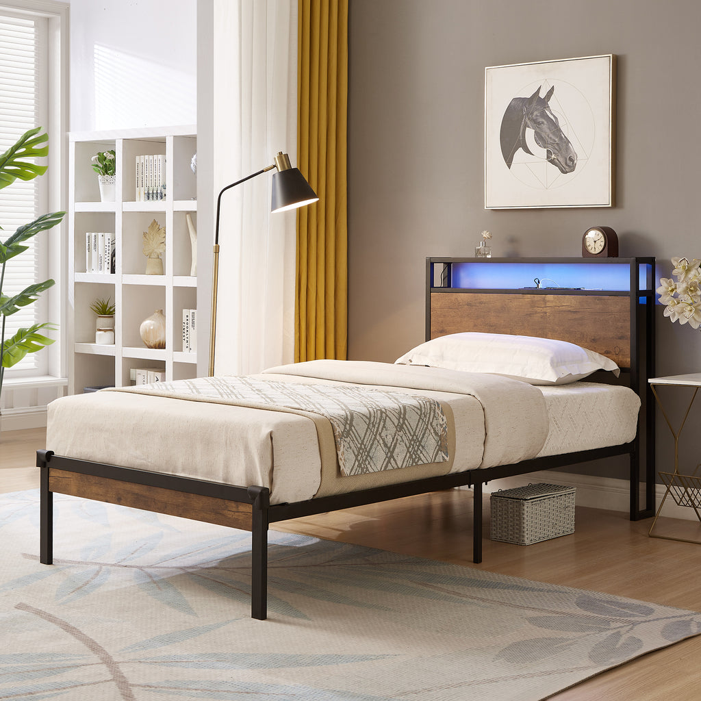 Leoglint Twin Size Metal Platform Bed Frame with Wooden Headboard and Footboard with USB LINER, LED Lights ,No Box Spring Needed, Large Under Bed Storage, Easy Assemble