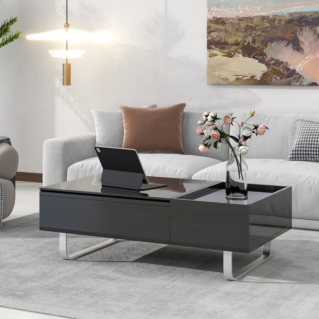 Leoglint [VIDEO provided] ON-TREND Multi-functional Coffee Table with Lifted Tabletop, Contemporary Cocktail Table with Metal Frame Legs, High-gloss Surface Dining Table for Living Room, Black