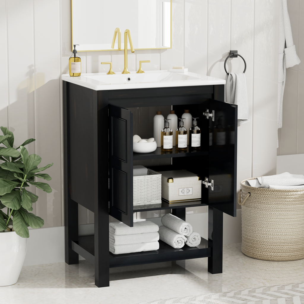 Leoglint 24x18.3x34.7 Inches Compact Vintage Style Bathroom Vanity Cabinet and Ceramic Sink Combo with Open Shelf-2 Soft-close Doors