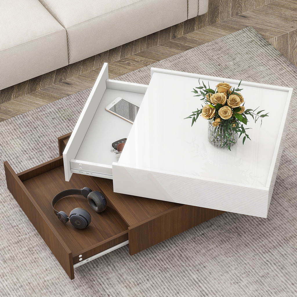 Leoglint [VIDEO provided] ON-TREND Square 360°Rotating Coffee Table with 2 Drawers, High Gloss 2-Tier Center Table with Swivel Tabletop and Storage, Walnut Table Frame Side Table for Living Room, White