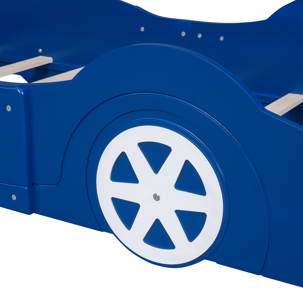 Leoglint Twin Size Race Car-Shaped Platform Bed Frame with Wheels,Blue