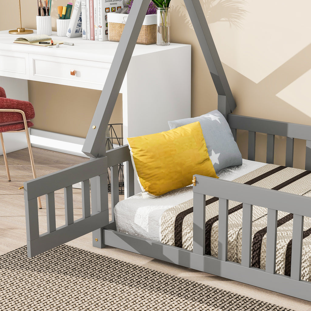 Leoglint Twin Tent-shaped Floor Bed Frame, with Guardrails, Slats, Door ,Grey