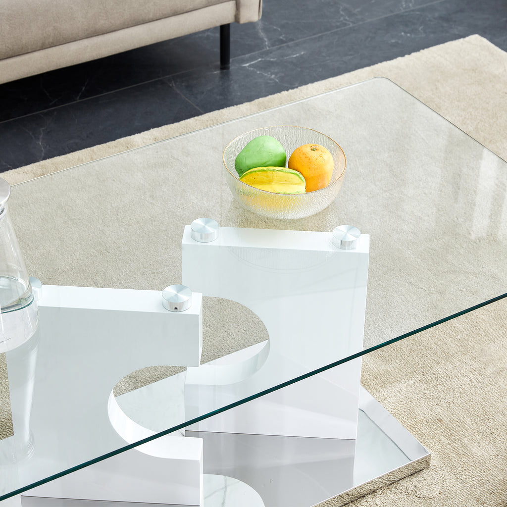 Leoglint A rectangular modern and fashionable coffee table with tempered glass tabletop and white MDF legs. Suitable for living room.47.2"*25.5"*18"