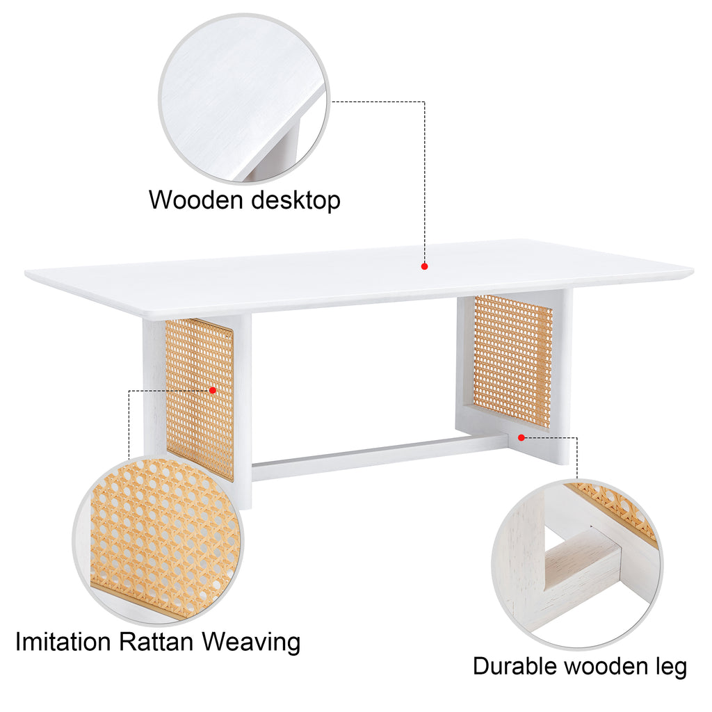 Leoglint Chinese style white solid wood and imitation rattan coffee table, rectangular solid wood coffee low table, small living room coffee table