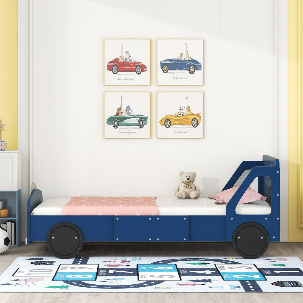 Leoglint Twin Size Car-Shaped Platform Bed Frame with Wheels,Blue