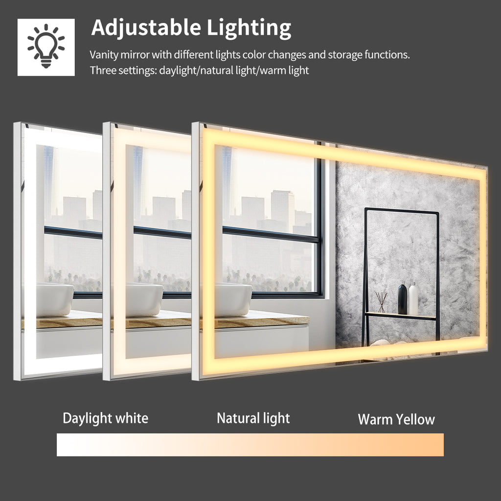 Leoglint 30x36 inch LED Bathroom Vanity Mirror Wall Mounted Adjustable White/Warm/Natural Lights Anti-Fog Touch Switch with Memory Modern Smart Large Bathroom Mirrors