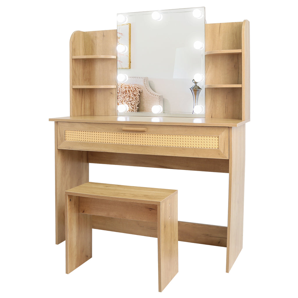 Leoglint Drawer Chest Vanity Desk Set Stool & Dressing Table with LED Lighting Mirror Drawer and Compartments Modern Wood Cosmetic Table Chest of Drawers Nature Color