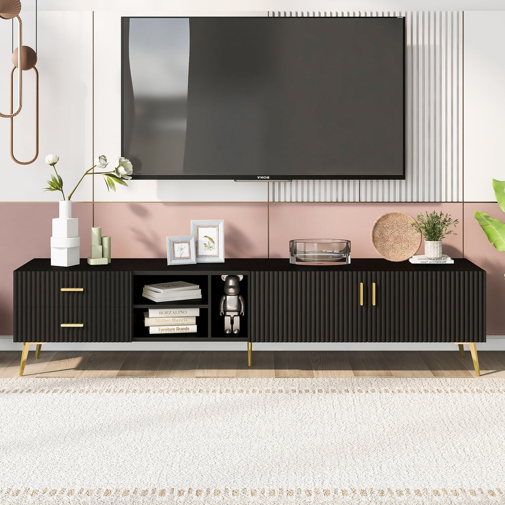 Leoglint U-Can Modern TV Stand with 5 Champagne legs - Durable, stylish, spacious, versatile storage TVS up to 77" (Black)