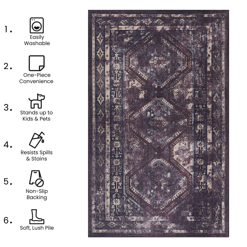 Leoglint 4x6 Area Rugs, Washable Rug, Low-Pile, Non-Slip, Non-Shedding, Foldable, Kid & Pet Friendly - Area Rugs for living room, bedroom, kitchen, dining room rug - Perfect Gift, (Black+Burgundy, 4'x 6')