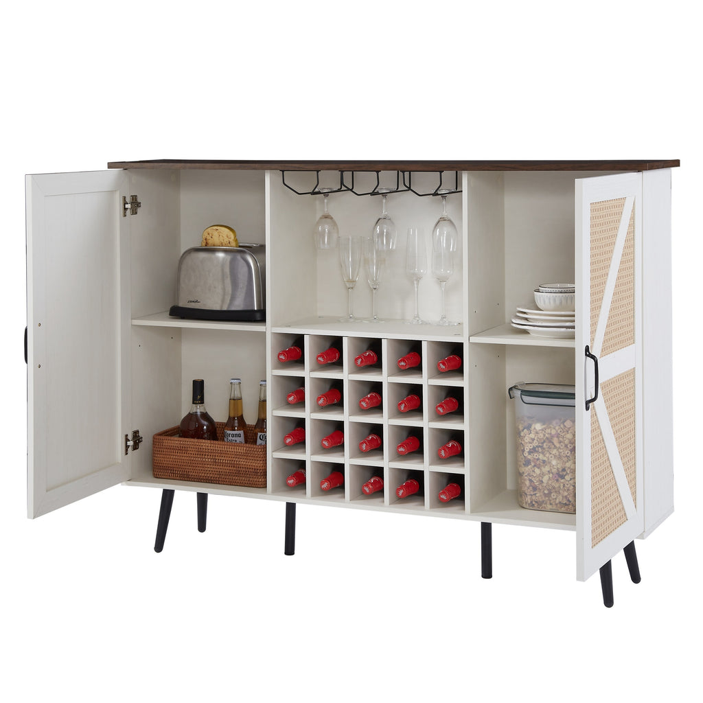 Leoglint Sideboard White Faux Rattan Barn Door Wine Cabinet with Wine Rack and Wine Glass Rack, Double Door Design with Removable Shelves, Rustic Wood Storage Cabinet