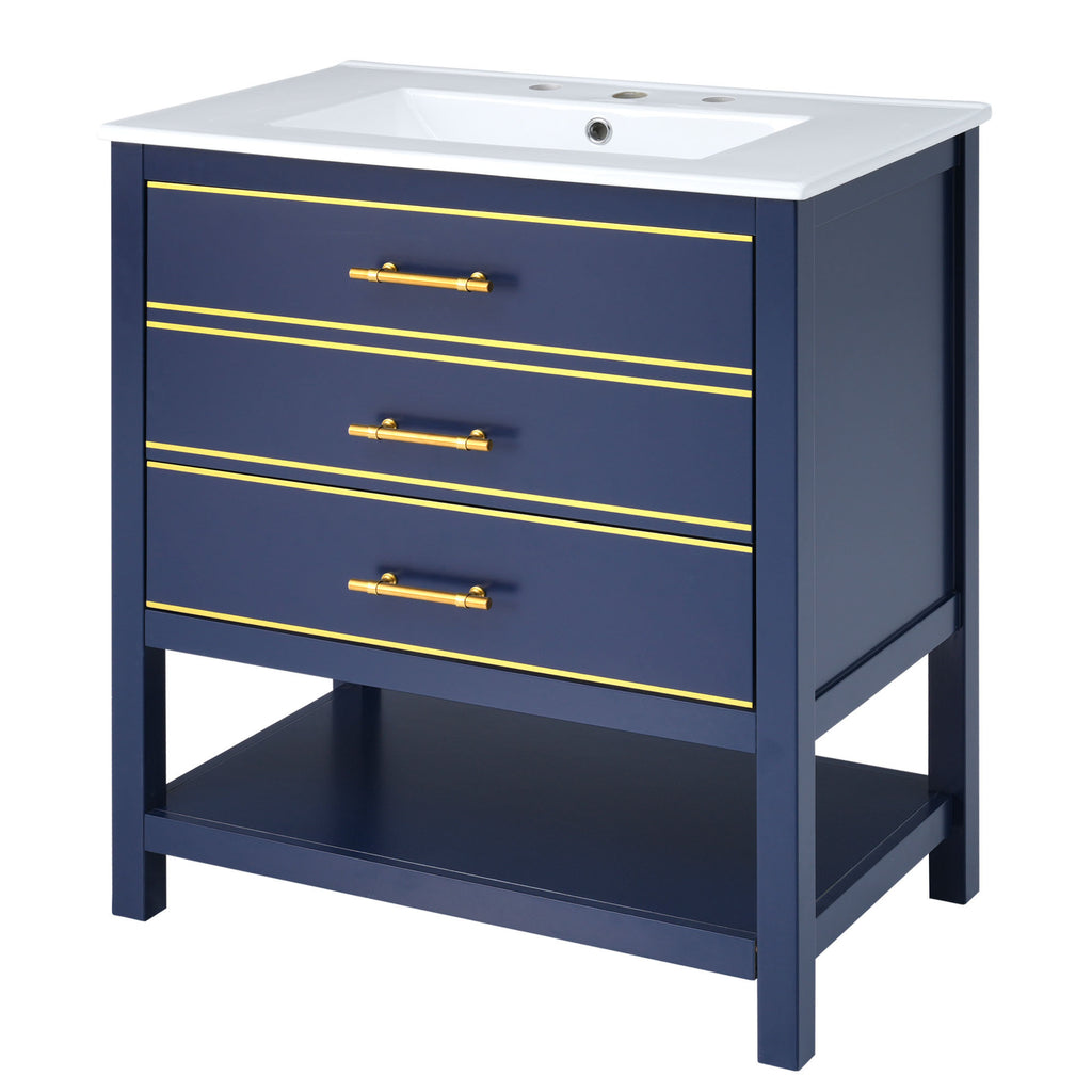 Leoglint [Viedo]Modern 30inch Navy Blue/White Bathroom Vanity Cabinet Combo with OpenStorge, Two Drawers