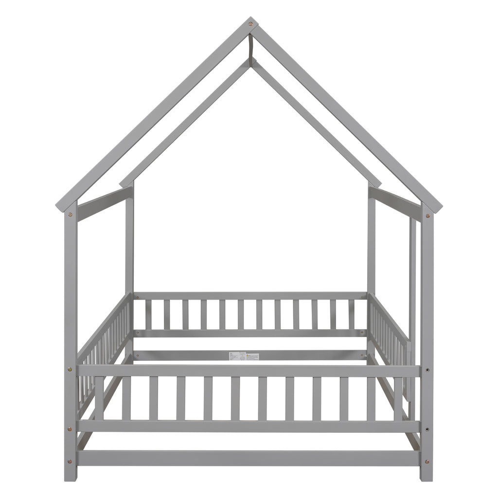 Leoglint Bed Frame Full Size Floor Wooden Bed with House Roof Frame, Fence Guardrails ,Grey