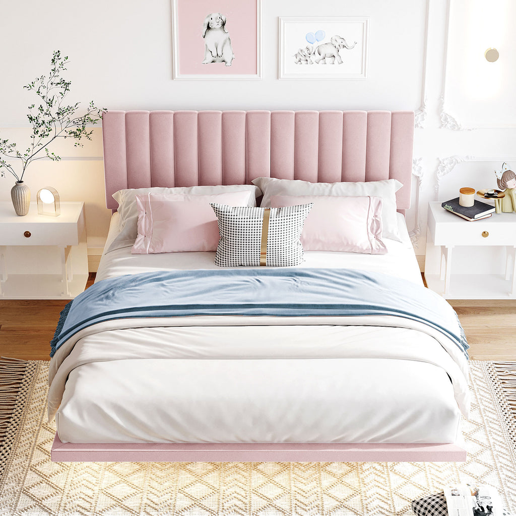 Queen Size Upholstered Bed Frame with Sensor Light and Headboard, Floating Velvet Platform Bed, Pink