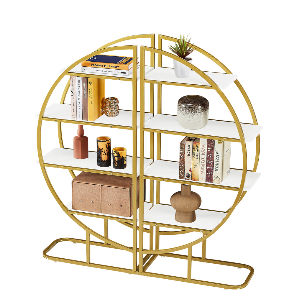 Leoglint 4 Tiers Home Office Open Bookshelf, Round Shape, Different Placement Ways, MDF Board, Gold Metal Frame, White