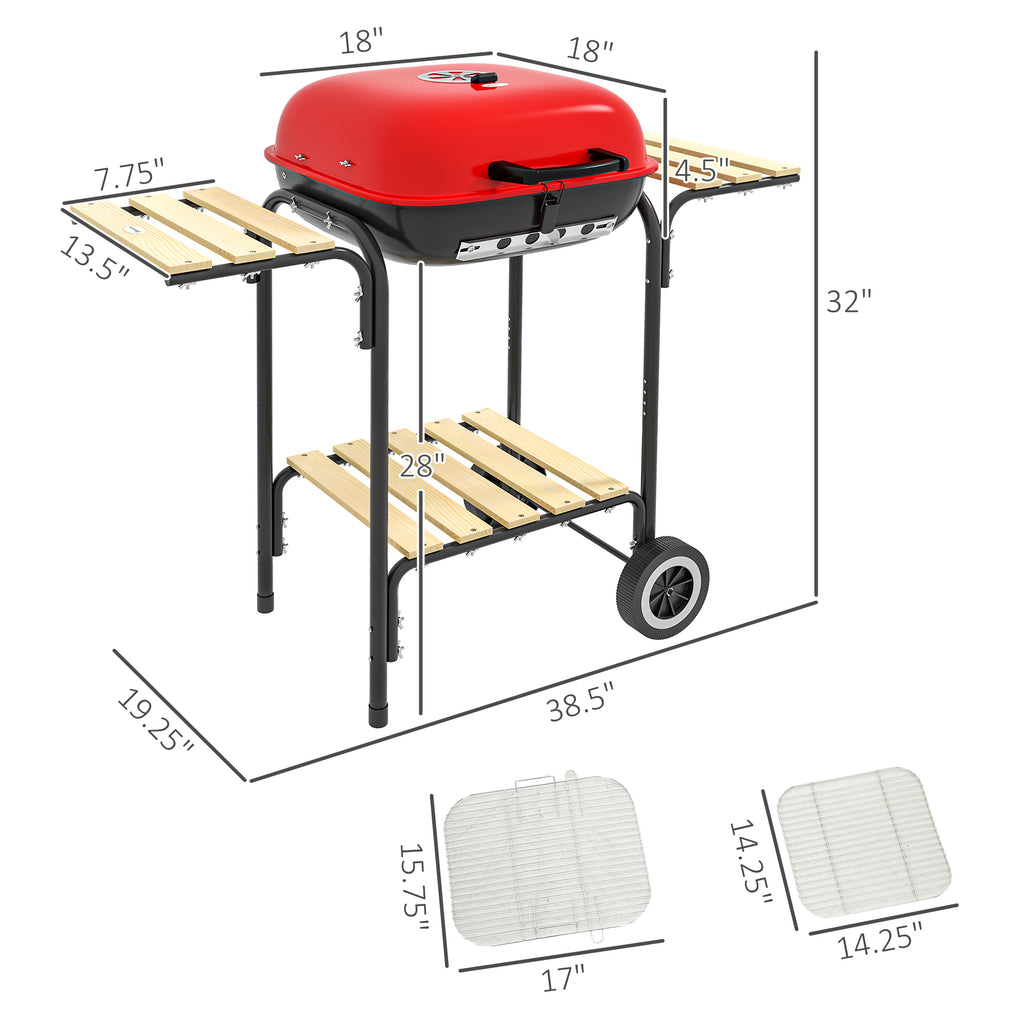 Leoglint 17" Portable Charcoal Grill with Wheels, 2 Side Tables and Bottom Shelf, BBQ with Adjustable Vents on Lid for Picnic, Camping, Backyard, Cooking, Red