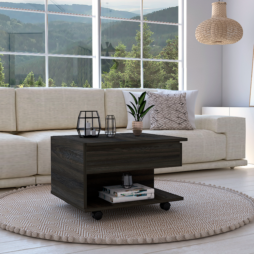 Leoglint 15" H carbon espresso coffee table, 4 brake wheels, lifting top that allows storage inside the table, 1 lower shelf and 1 vertical division that allows you to decorate with photos, and design books.