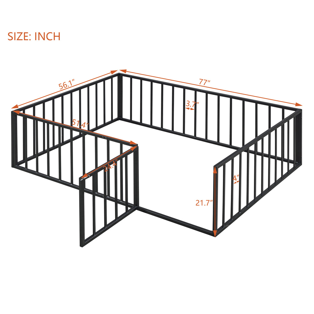 Leoglint Full Size Metal Floor Bed Frame with Fence and Door, Black